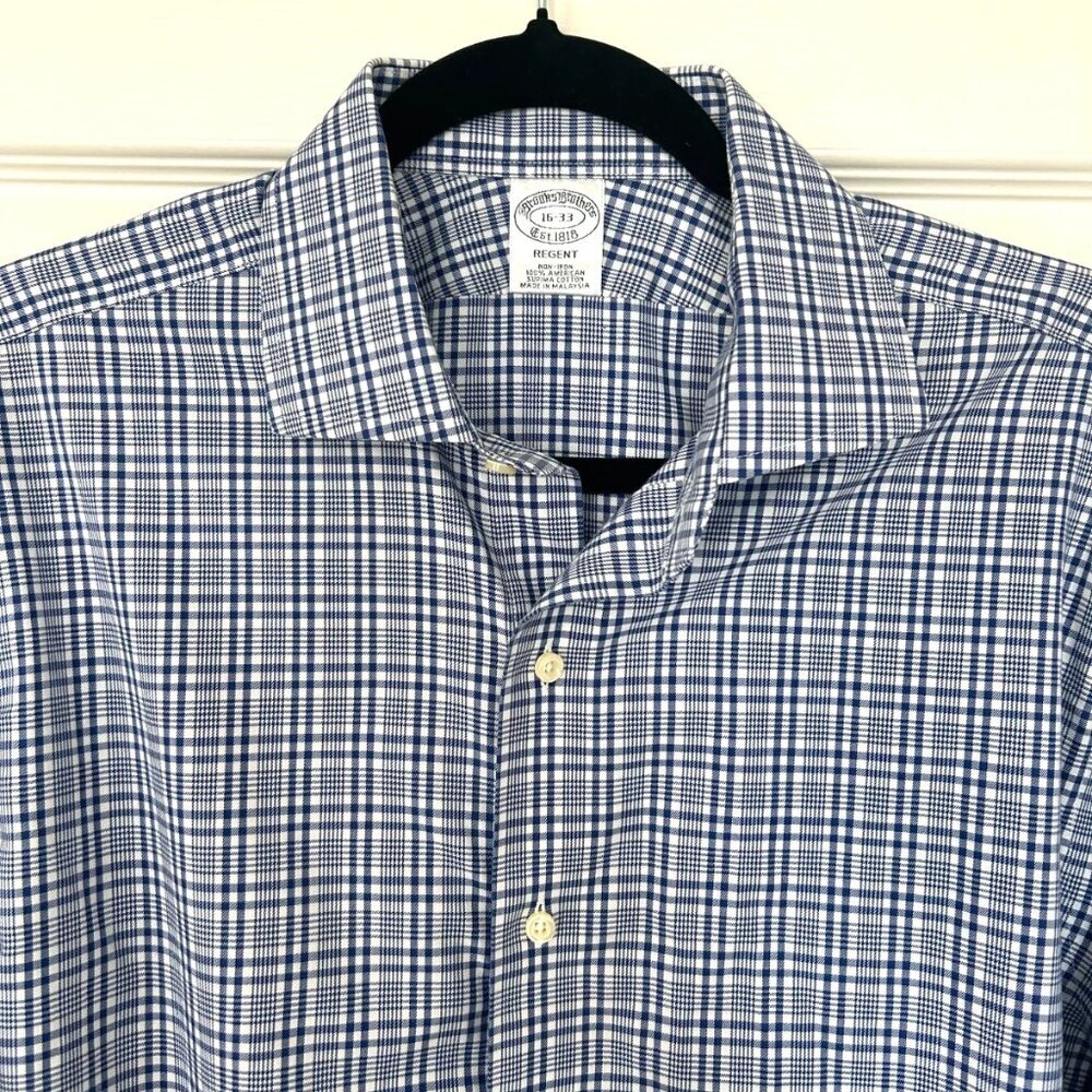 Brooks Brothers Regent 16-33 Blue White Check Supima Cotton Non-Iron Shirt